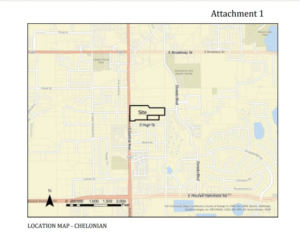 The project site is on Central Avenue in Oviedo's historic downtown, which allows for a higher building density. Image courtesy of the City of Oviedo. 