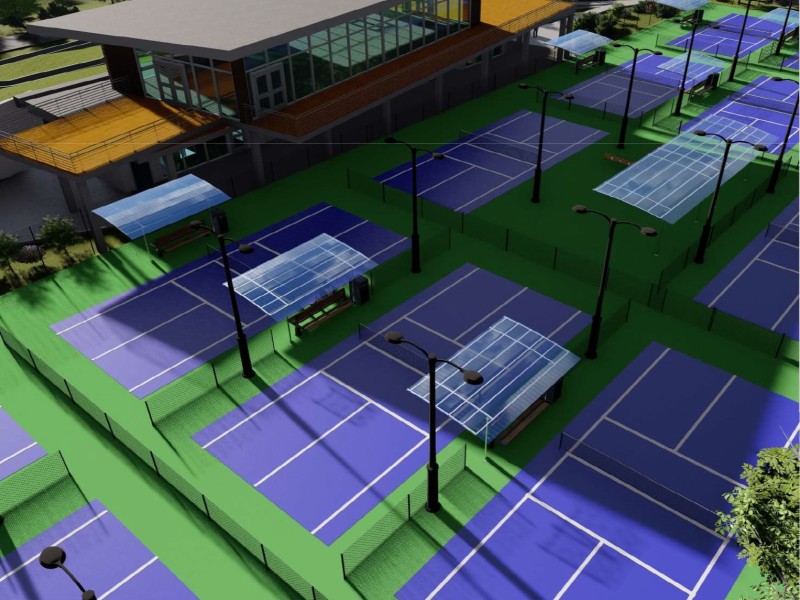 An image of pickleball courts and a modern facility are depicted because the project was suggested for potential state funding.