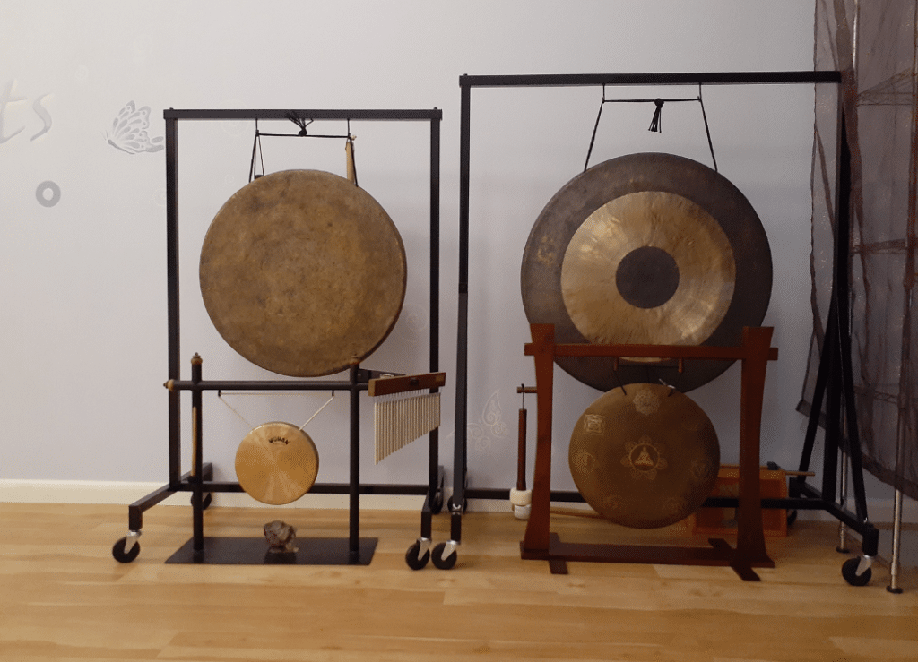 A photo of multiple-sized gongs is on display at Sacred Moments Massage & Healing Center, which is having a meditation event this Sunday. 