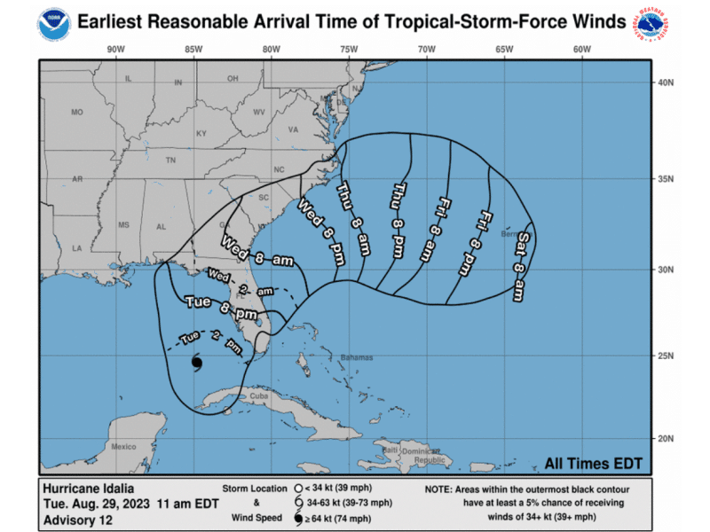 An image of Hurricane Idalia's wind arrival projection.