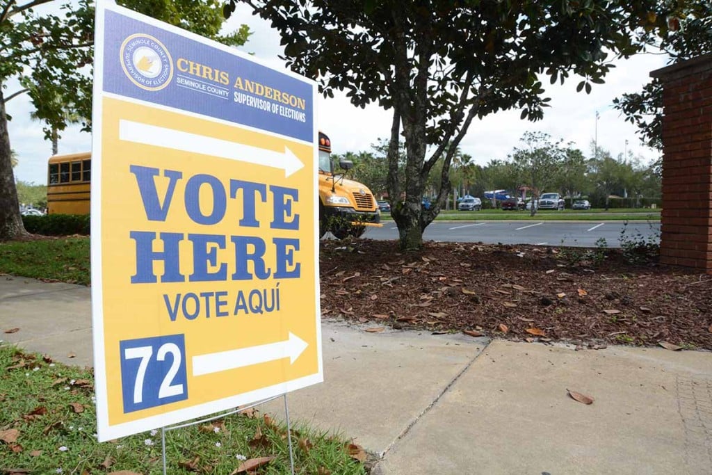A local sign summons residents to vote. Election results