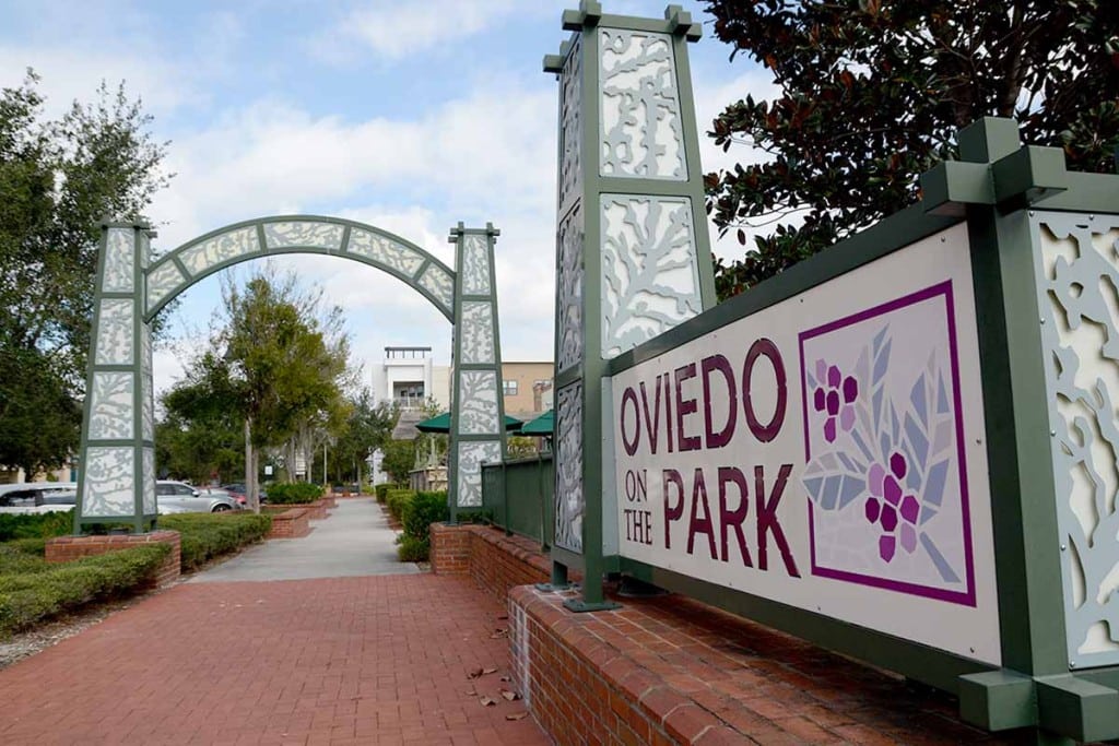 An image of the Oviedo on the Park entrance. Oviedo arts district