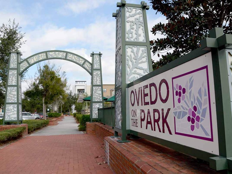 An image of the Oviedo on the Park entrance. Oviedo arts district