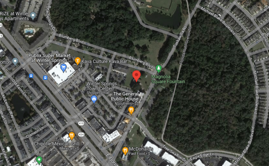 A red marker within Google Maps shows the Kingsbury house within the Winter Springs Town center.  