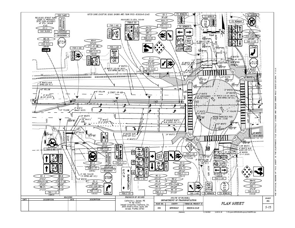 This design sheet shows the striping, signage, and patterned pavement at the S.R. 426 and S.R. 434 intersection. 