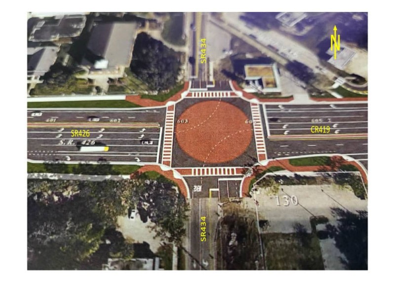 An image shows the patterned pavement circles proposed for the middle of the project's four intersections.