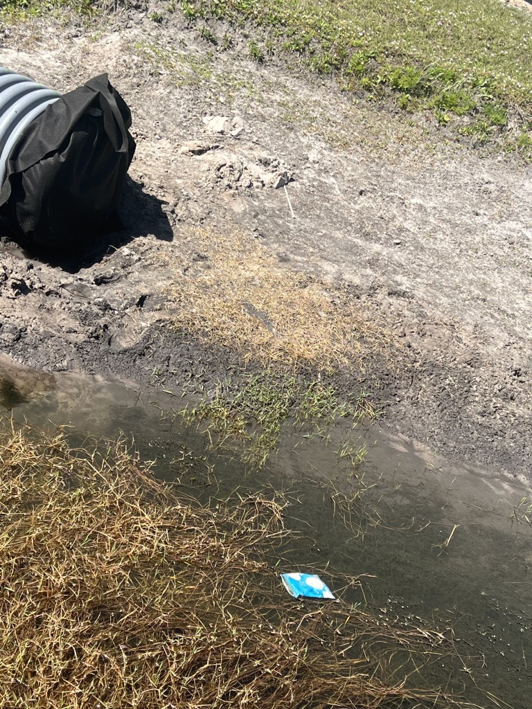 Fabric caps were put on the pipes to prevent more discharge from entering the pond, which also has trash regularly blown into it.